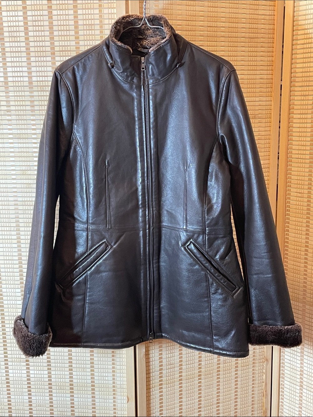 Danier Women's Dark Brown Leather Zip Jacket with Fur Trim